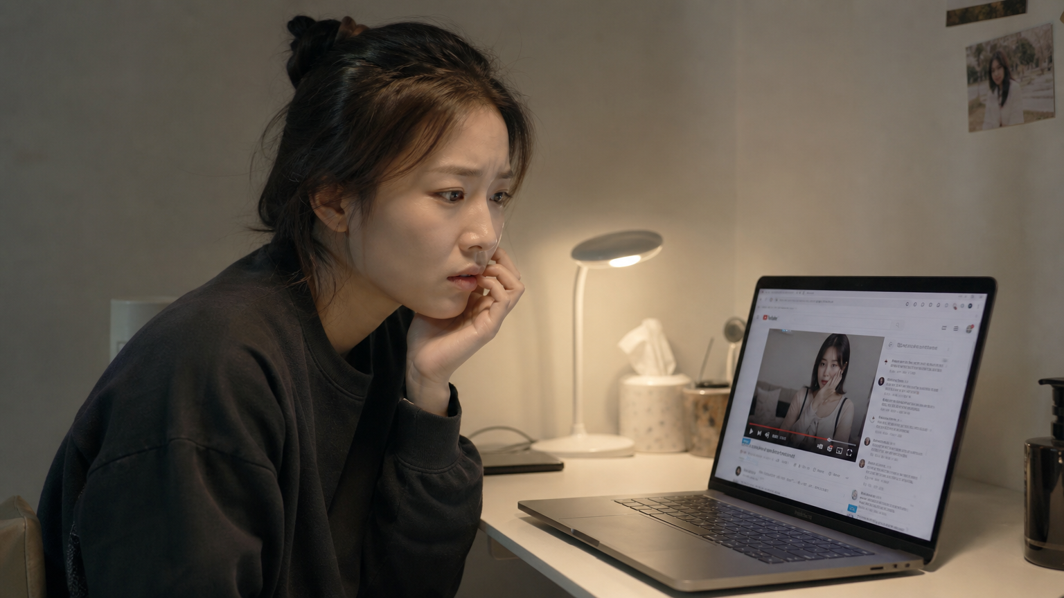 최근 사건으로 걱정스러운 표정을 짓고 있는 현대 여성