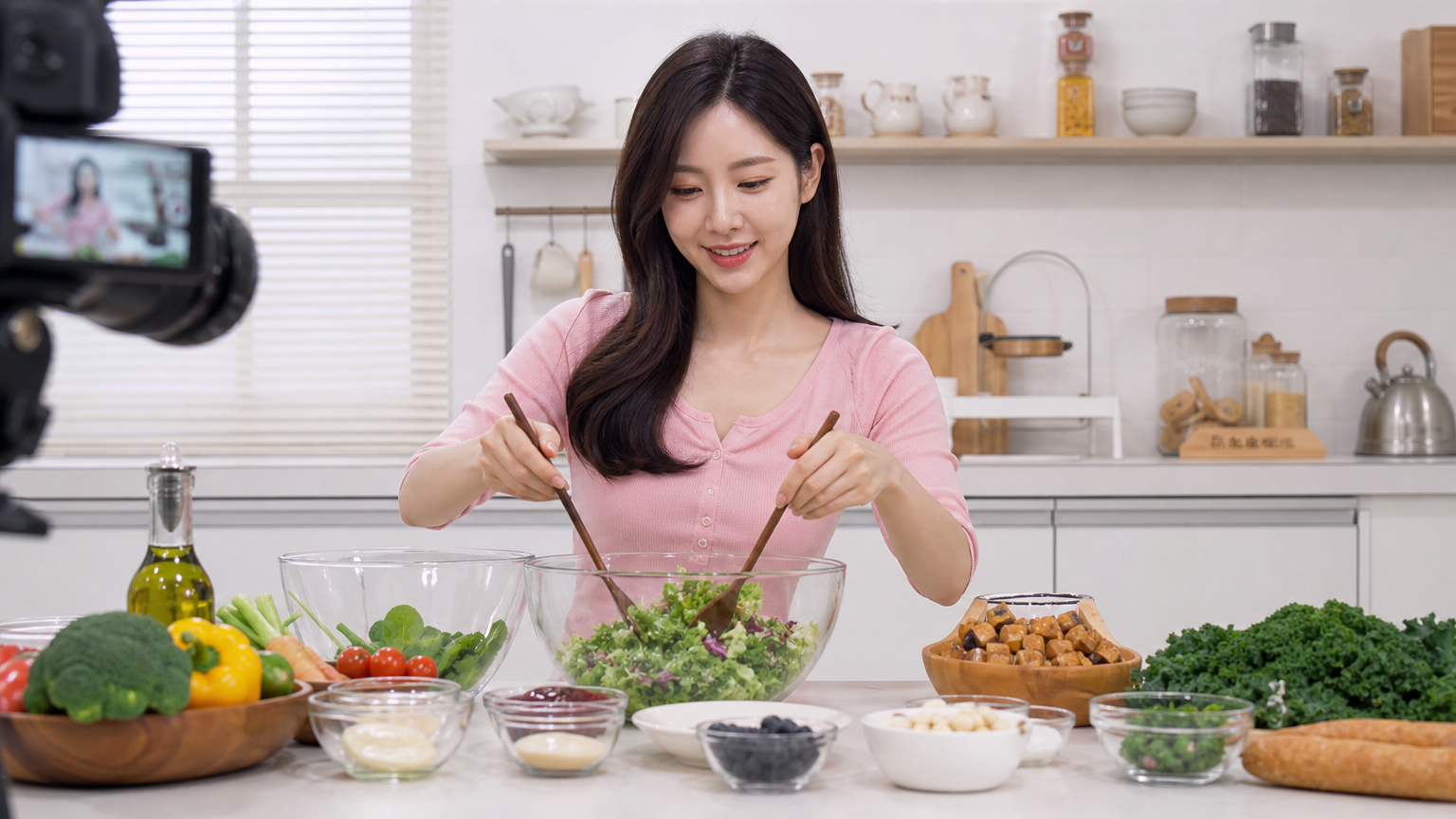 밝은 주방에서 건강한 음식을 준비 중인 현대 한국 여성