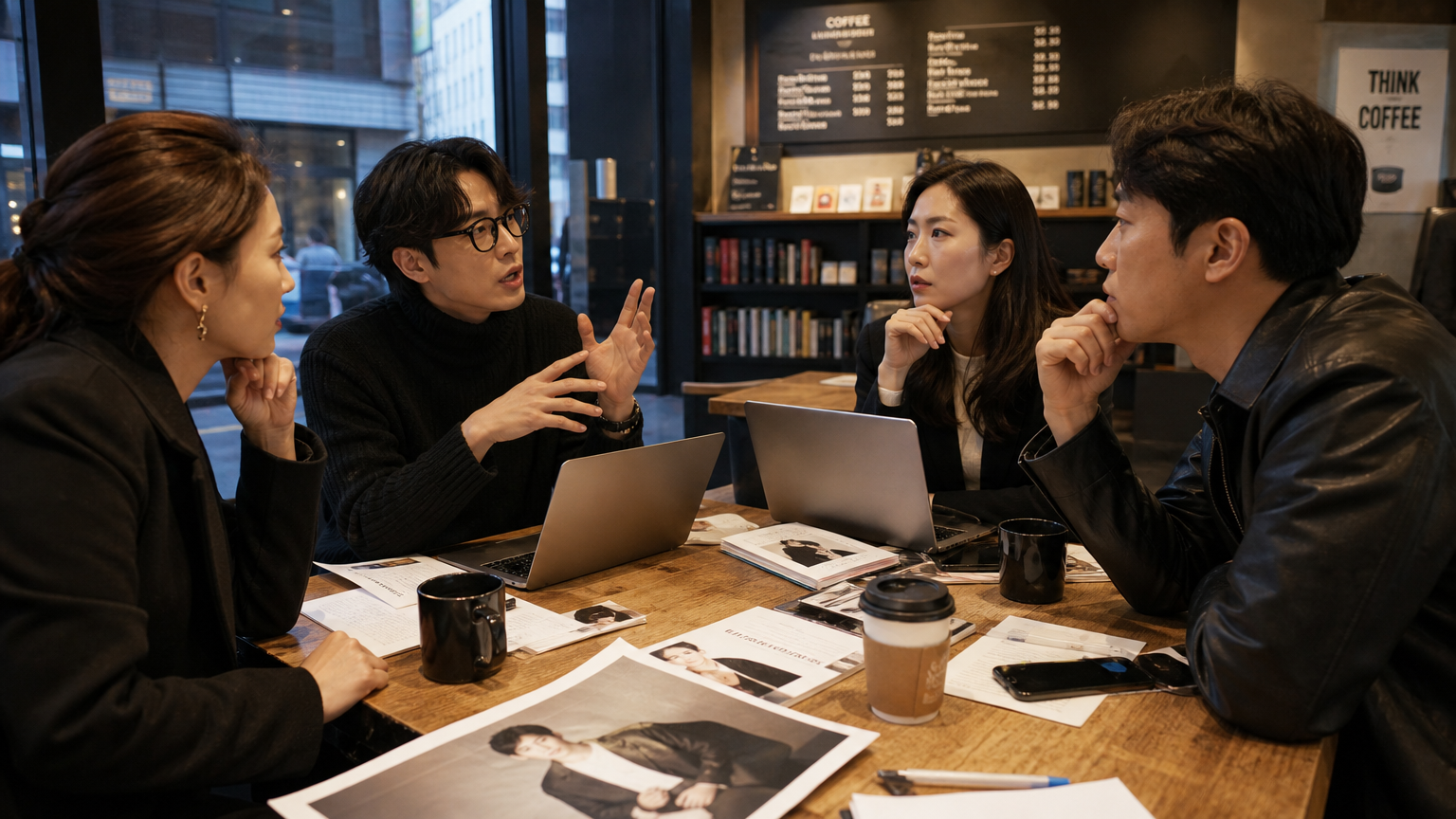 카페에서 유명인 스타일링을 논의하는 패션 비평가들