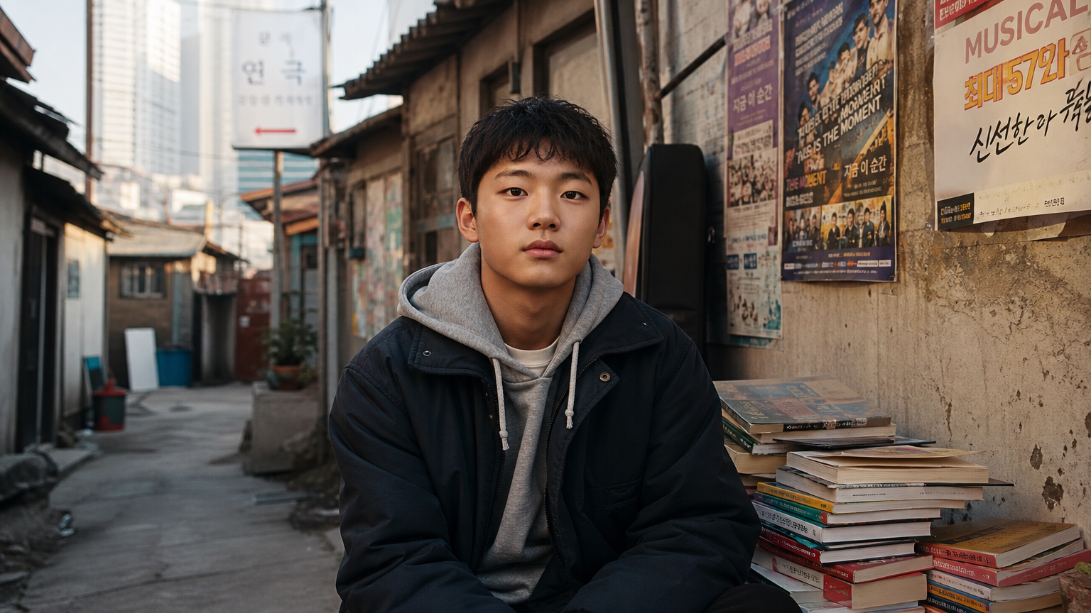 소박한 동네에서 희망과 포부를 상징하는 책과 연극 포스터로 둘러싸인 어린 한국 소년
