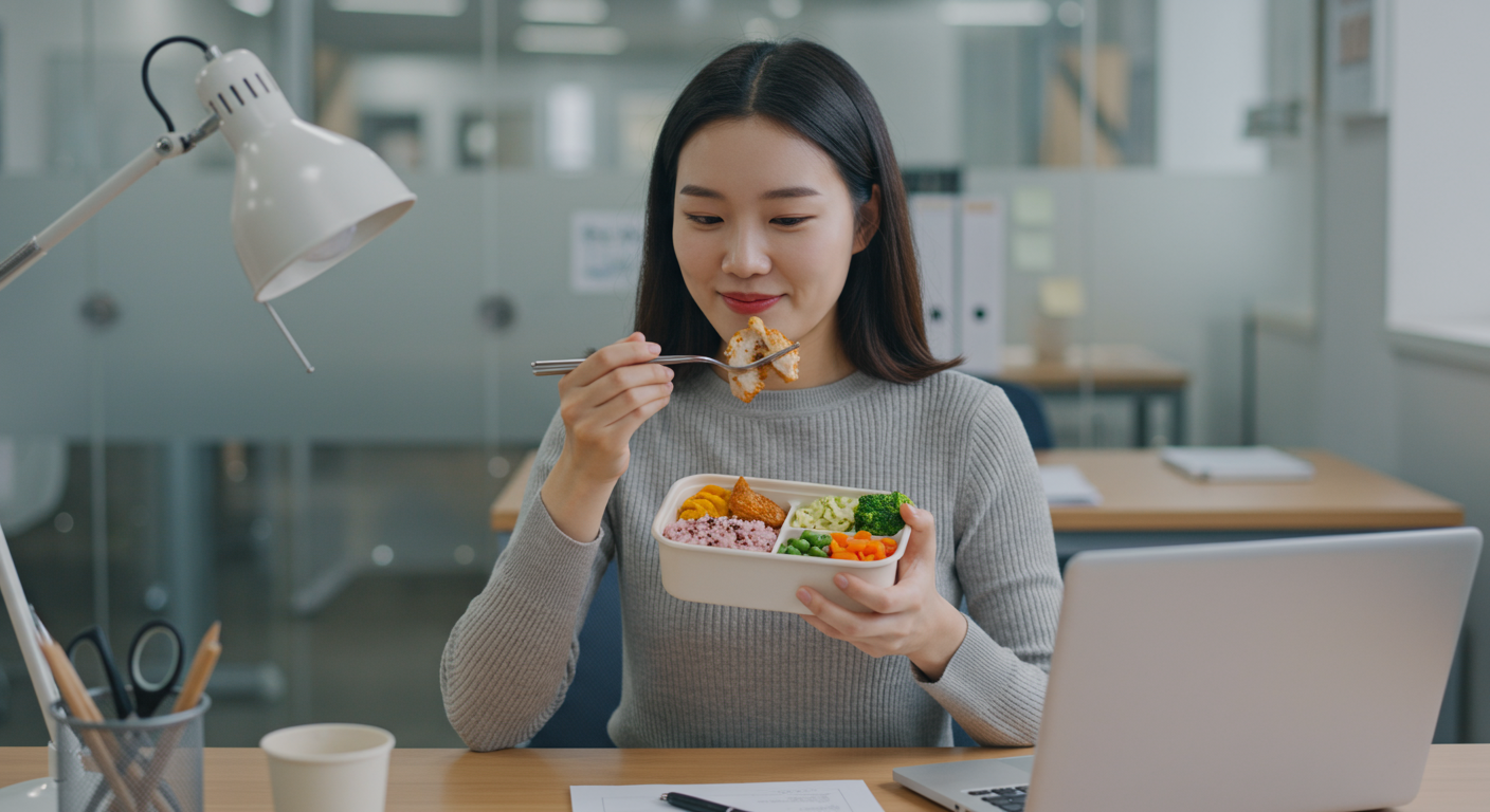 현대적 사무실에서 균형 잡힌 재료로 구성된 건강한 점심 도시락을 즐기는 직장인의 모습