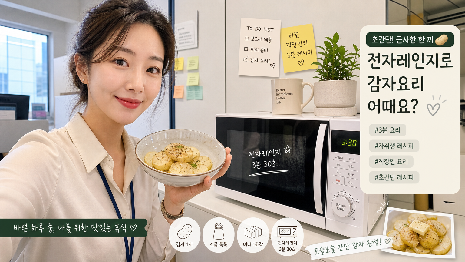 사무실에서 짧은 휴식 시간에 전자레인지로 빠르게 감자를 준비하는 모습