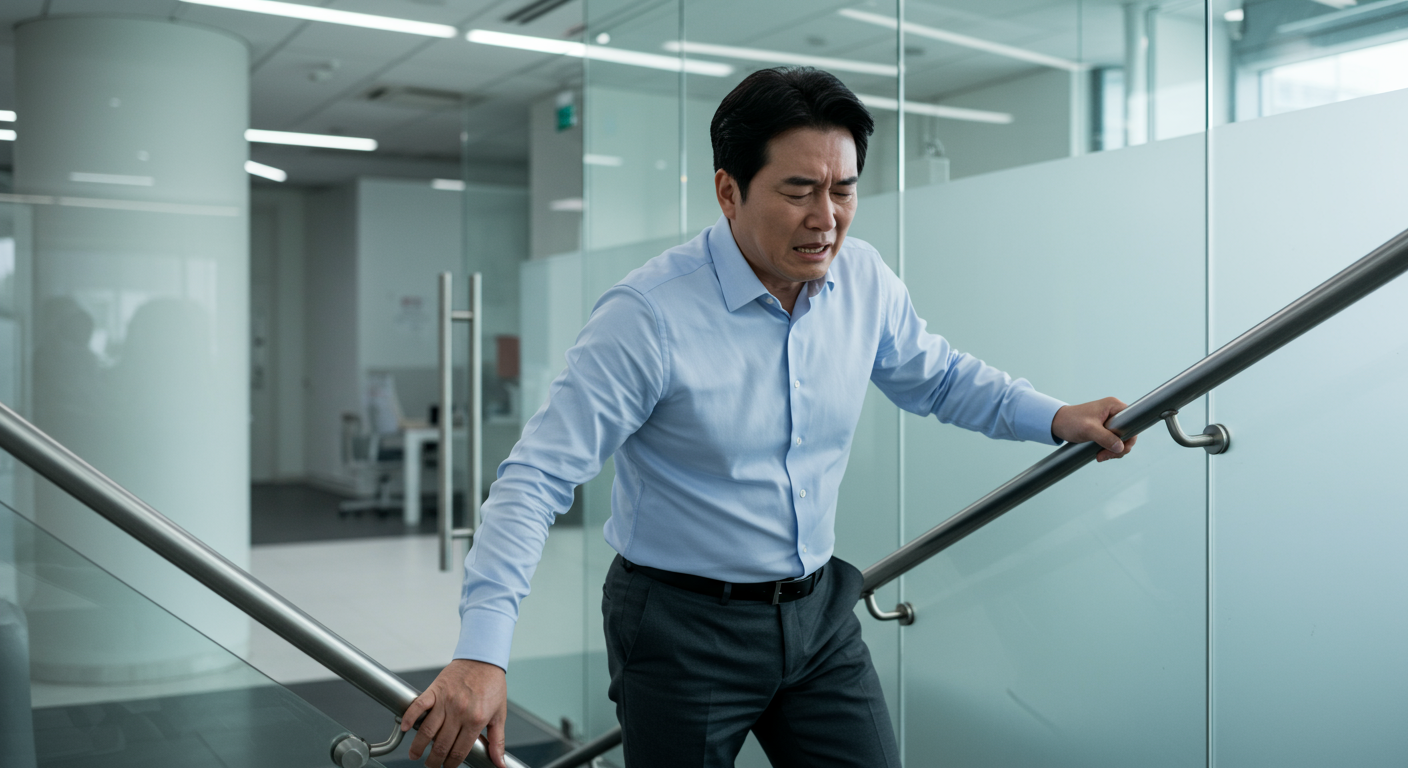 사무실 건물 계단에서 현기증으로 인해 난간을 잡고 힘겹게 올라가는 한국 남성