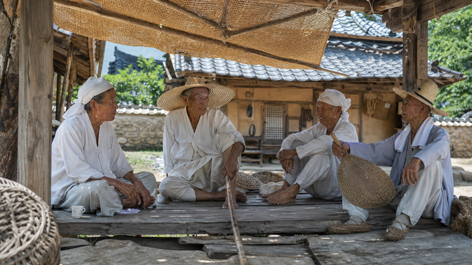 전통 마을에서 삼복 더위에 쉬고 있는 농부들의 모습