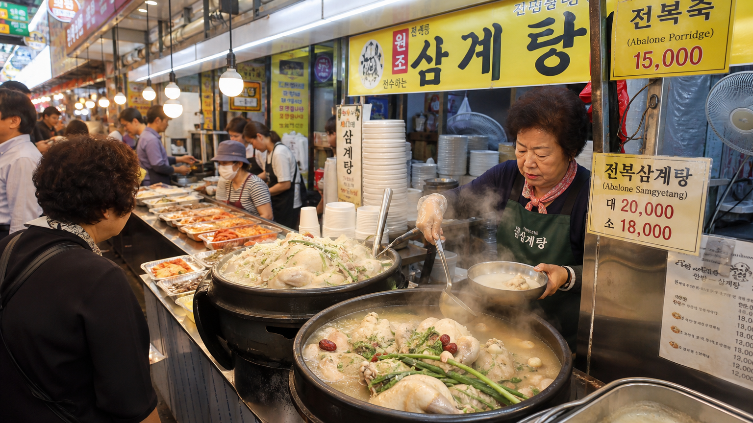다양한 복날 음식을 파는 활기찬 한국 시장의 모습