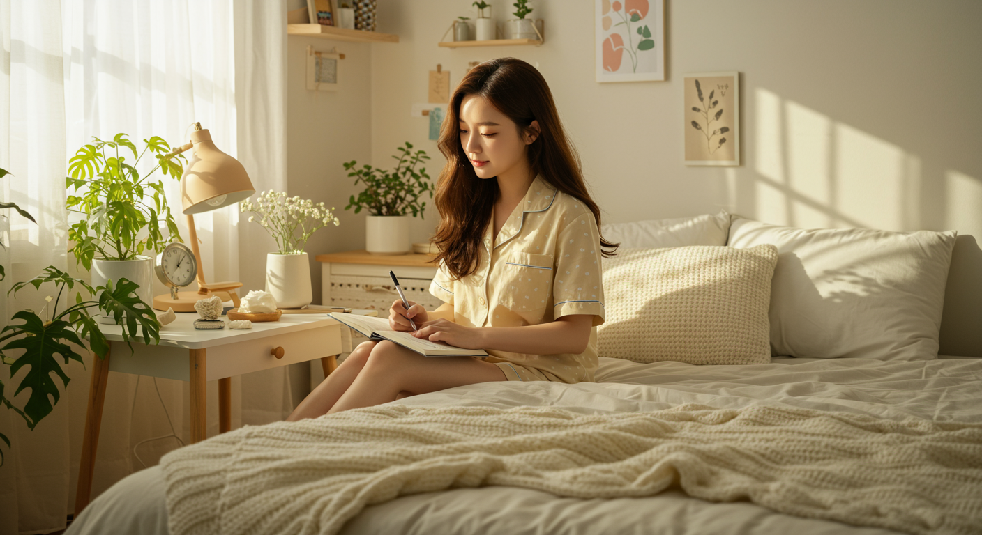 아침 햇살 속 침대 옆 테이블에서 꿈 일기를 쓰고 있는 여성의 모습