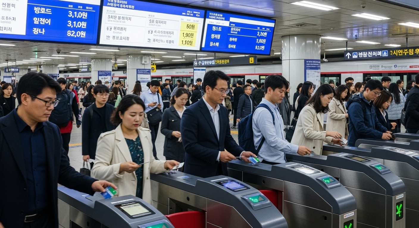 현대 한국인들이 바쁜 지하철역에서 교통카드를 사용하는 모습, 디지털 화면에 카드 잔액과 교통 정보 표시