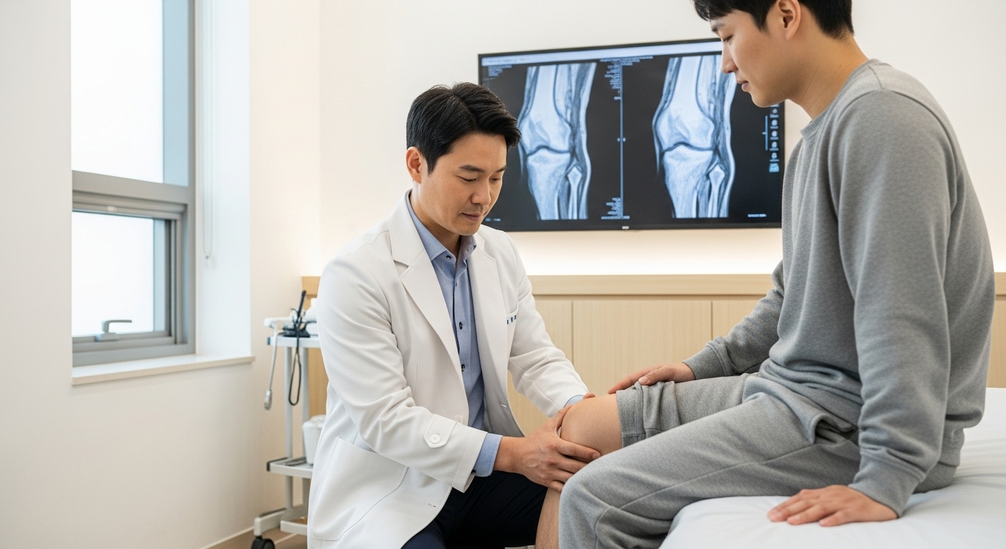 현대식 병원에서 의사가 환자의 무릎을 진찰하는 모습
