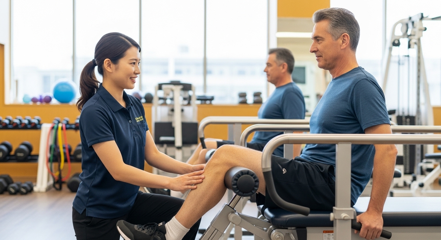 재활센터에서 물리치료사가 환자를 도와주는 장면