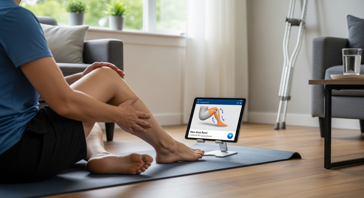 집에서 디지털 헬스 앱으로 재활 운동 중인 환자