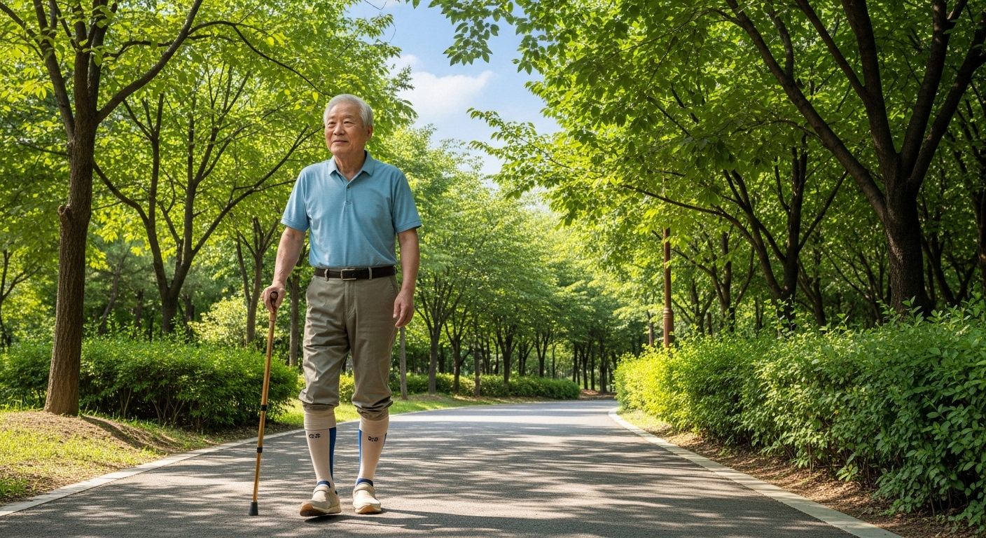 나이든 한국 남성이 공원에서 압박 스타킹을 착용하고 걷는 모습