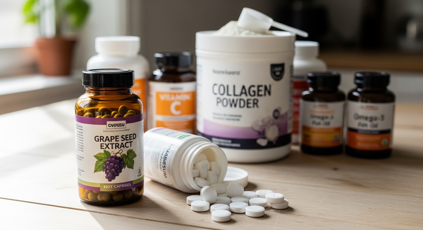 주방 테이블 위에 놓인 다양한 영양제들