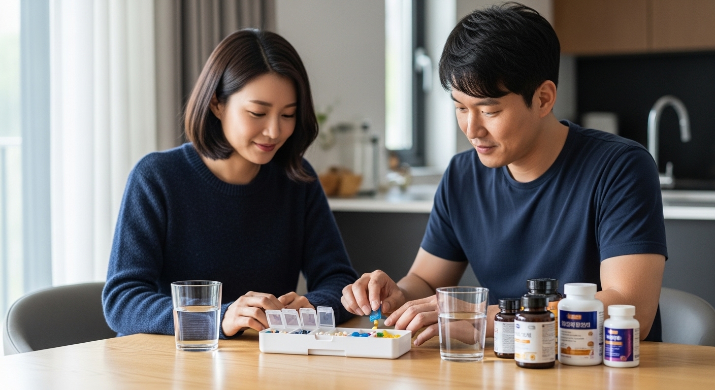 식탁에서 보충제를 정리하는 한국 커플의 모습