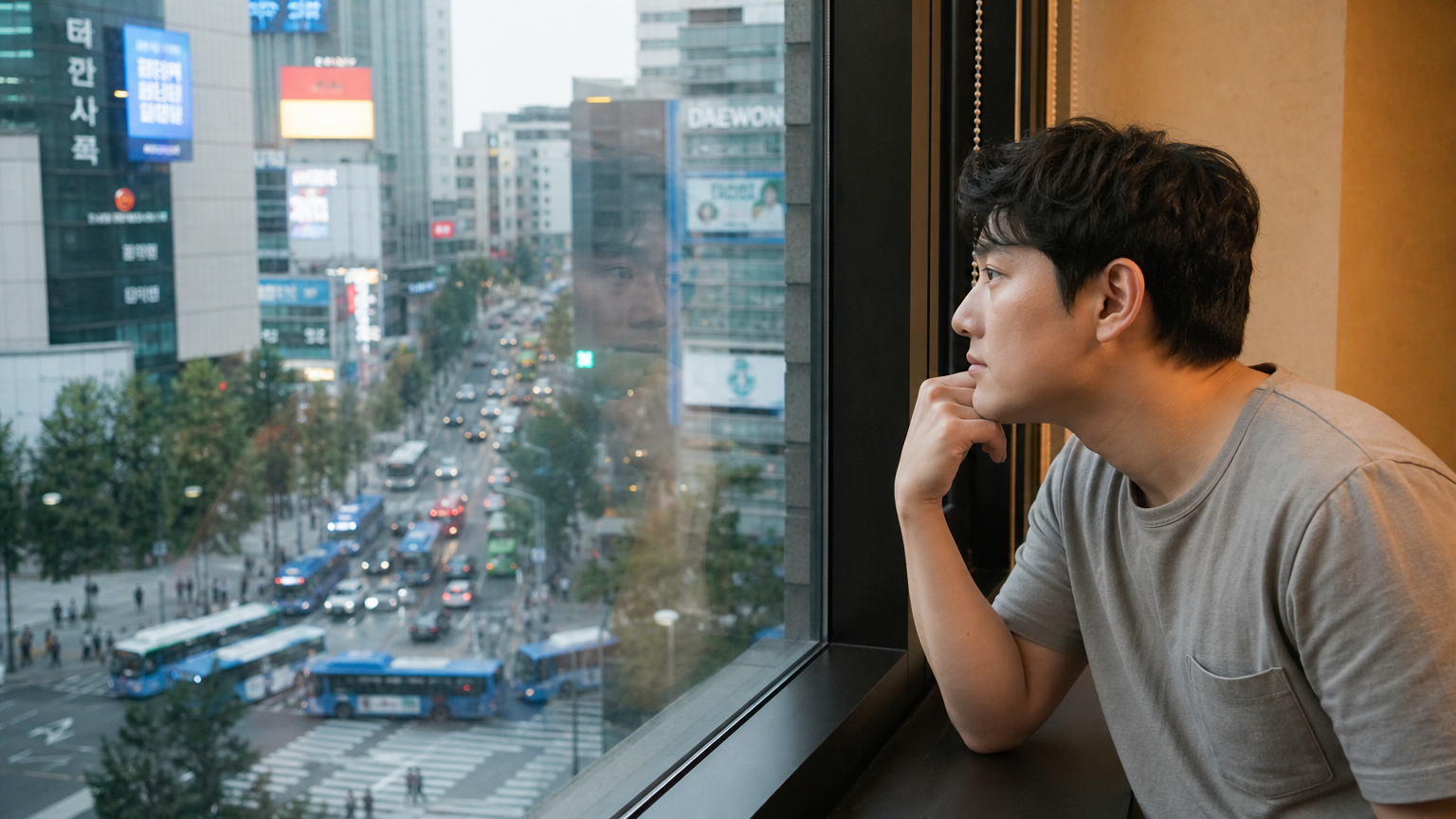 분주한 도시 풍경 속 창문 앞에서 인생 변화를 고민하는 남성의 모습