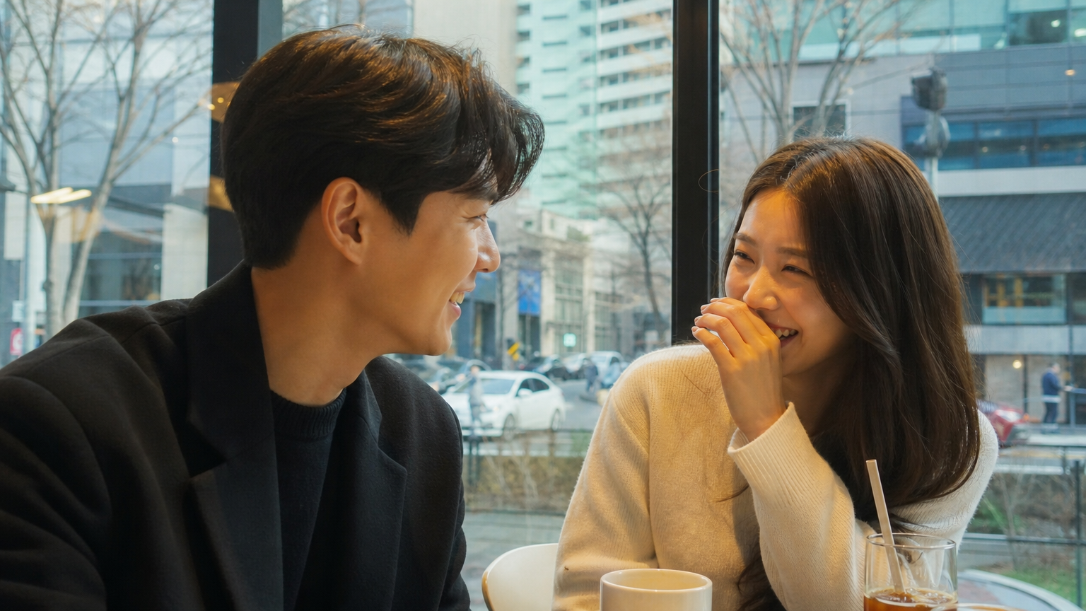 커피숍에서 데이트 중인 젊은 남녀가 웃고 있는 장면과 도시 생활 배경