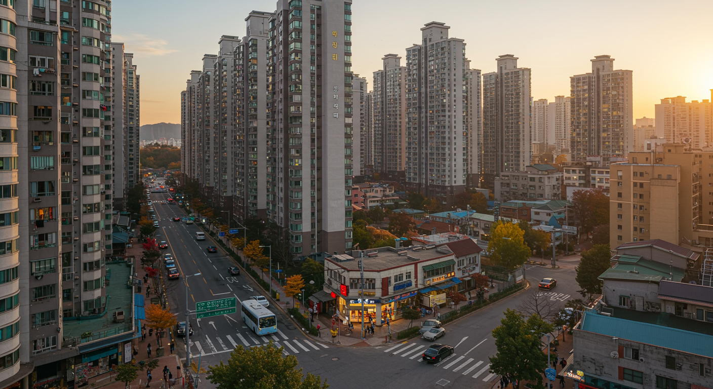 현대적인 한국 도시 풍경과 아파트 건물들이 있는 거리의 모습, 임대차 계약의 중요성을 강조하는 장면.