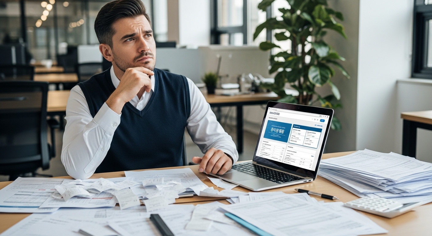 사무실 책상에 앉아 세금 서류와 노트북을 보며 절세 방법을 고민하는 직장인의 모습