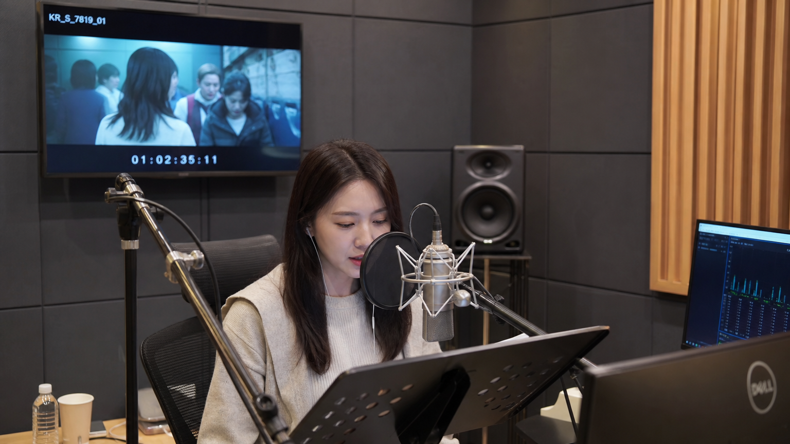 최첨단 녹음실에서 마이크 앞에 서 있는 여성 성우