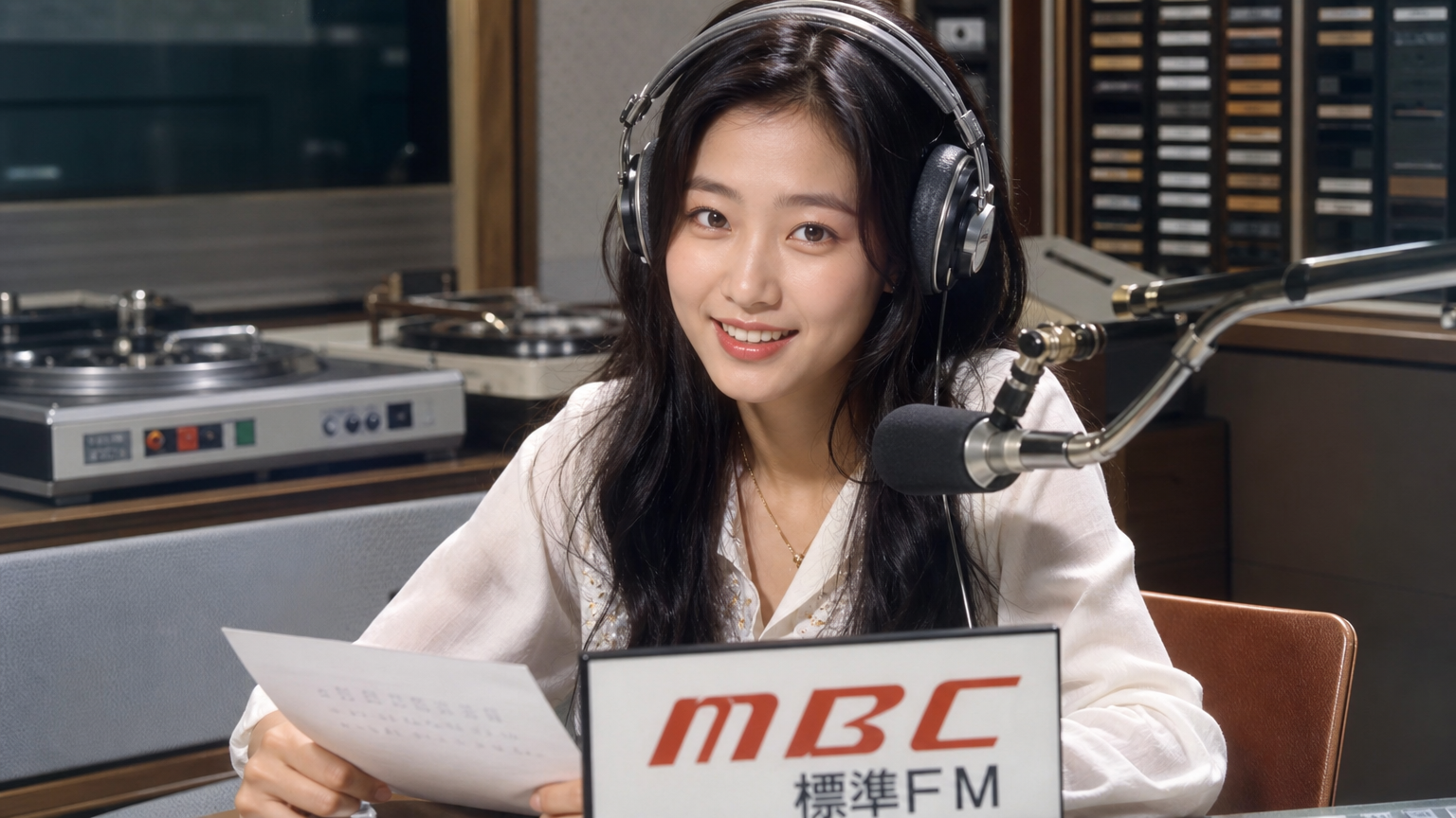 70년대 후반 방송국 스튜디오에서 헤드폰을 쓰고 있는 젊은 여성