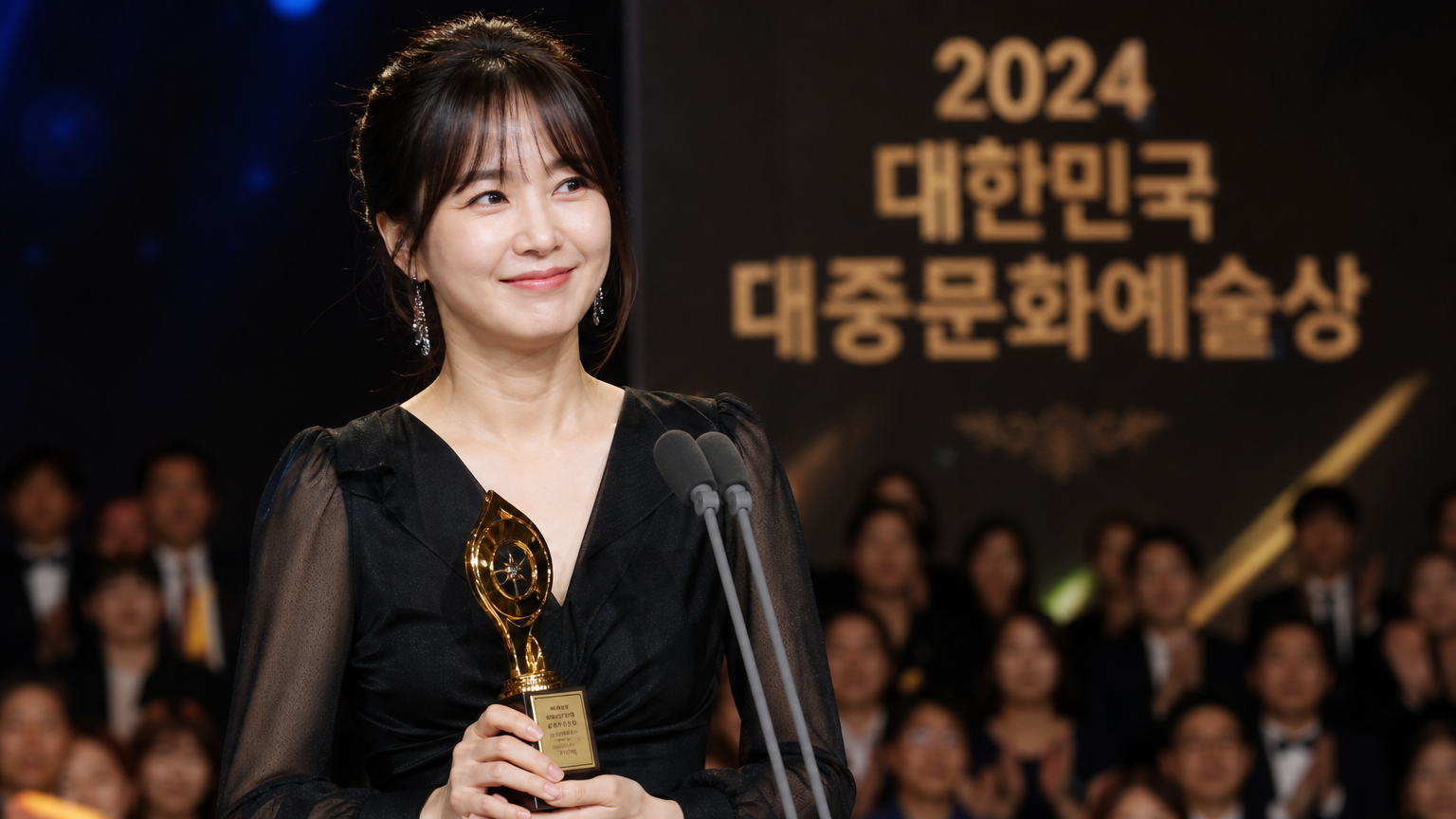 시상식에서 상을 받는 영향력 있는 여성 성우 모습
