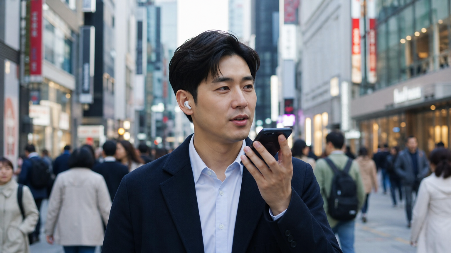 현대적인 남성이 도시 거리에서 무선 이어폰으로 전화하는 모습