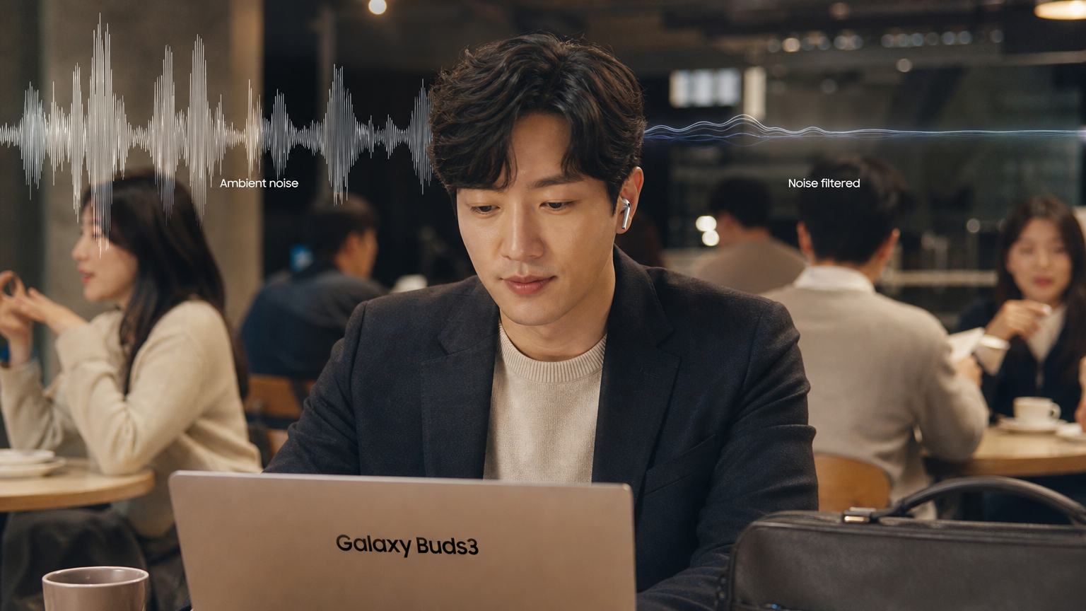 카페에서 갤럭시 버즈3를 사용하며 소음이 필터링 되는 모습을 보는 직장인
