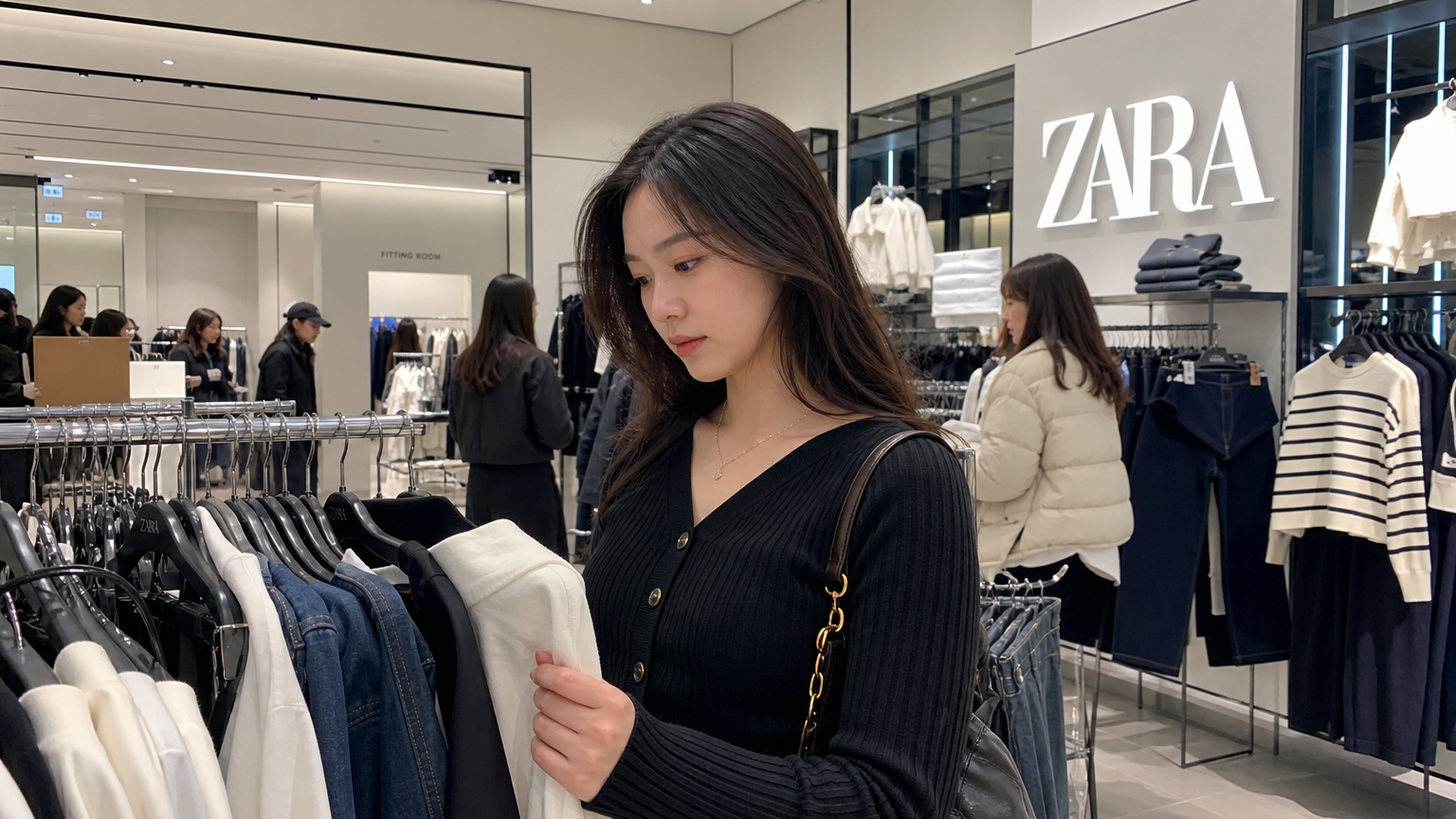 젊은 여성이 다양한 옷과 액세서리로 가득한 ZARA 매장에서 쇼핑하는 모습