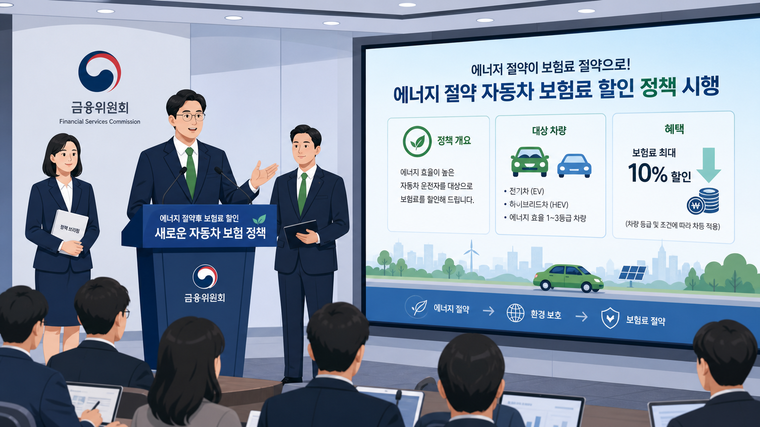 현대적인 회의실에서 새로운 차량 에너지 절약 보험 정책을 발표하는 모습