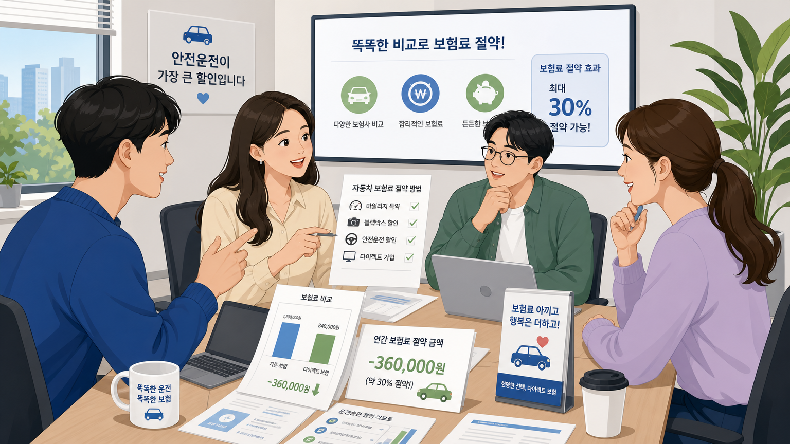 다양한 한국인 운전자들이 테이블에 모여 문서와 노트북으로 보험료 절감에 대해 논의하는 모습