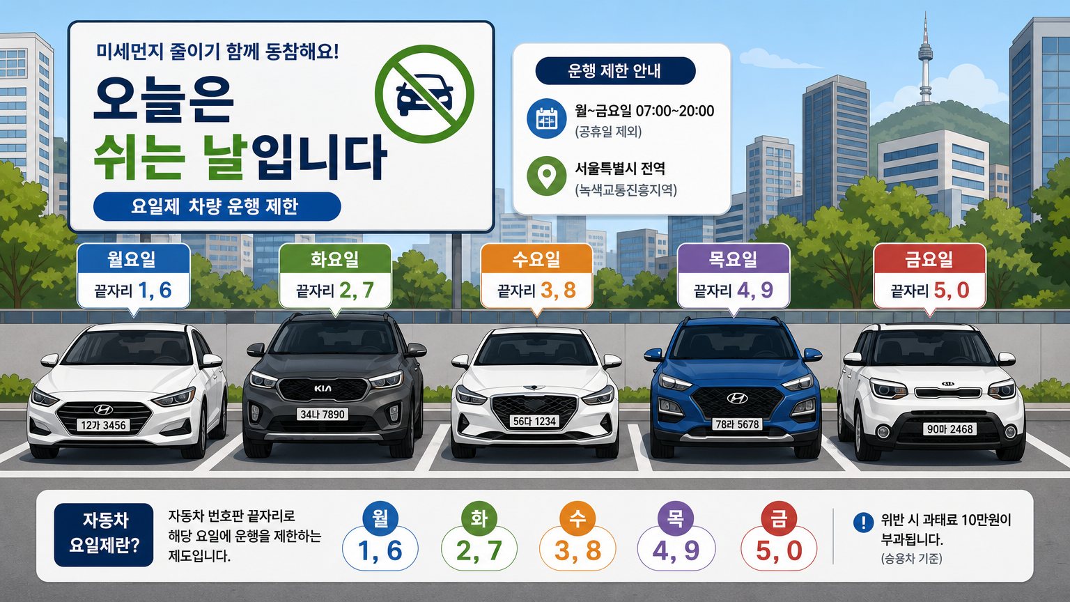 도시 환경에서 서로 다른 번호판을 가진 한국 차들이 주차되어 있는 모습