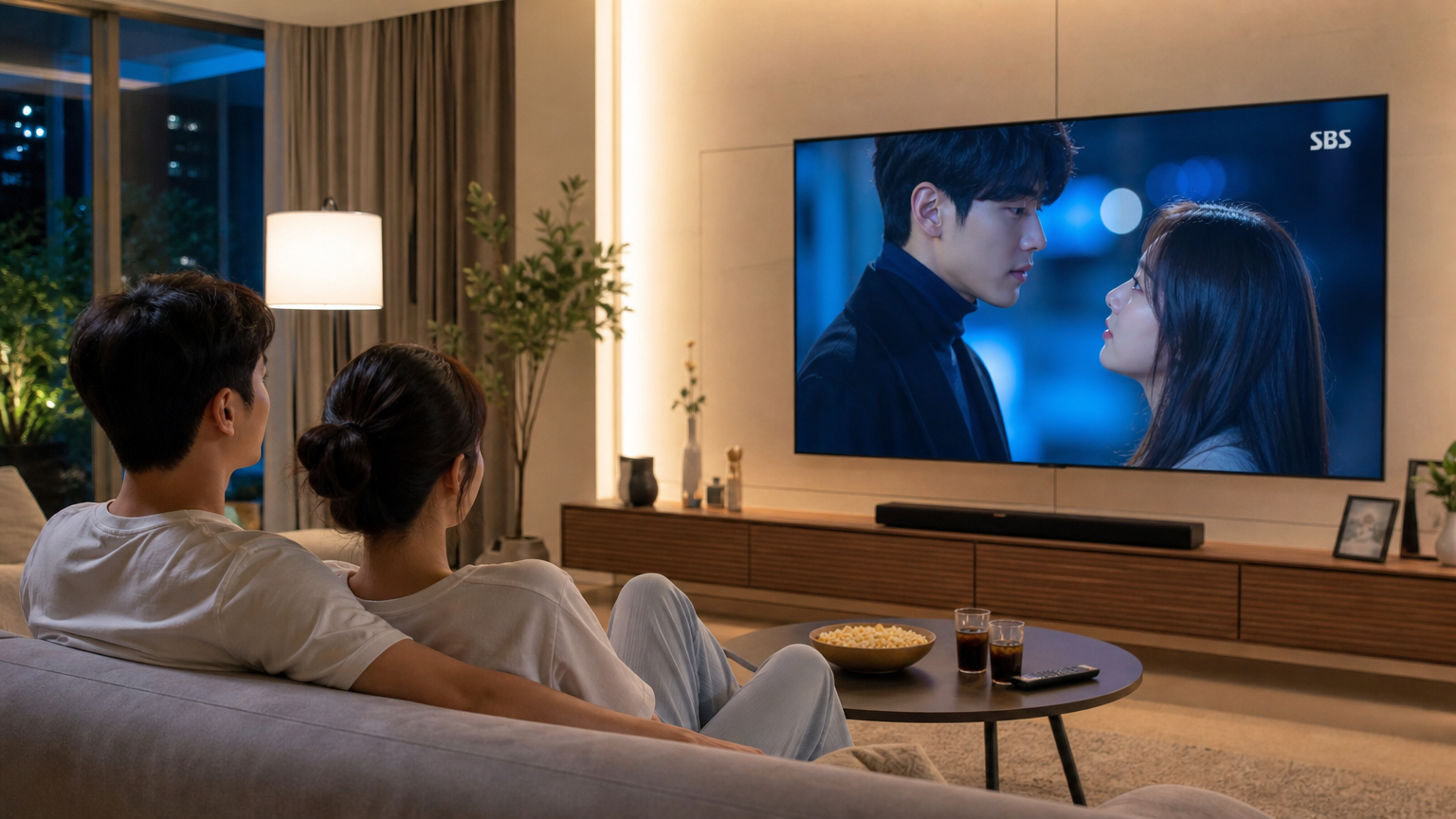 현대적인 거실에서 큰 스마트 TV로 로맨스 드라마를 시청하는 젊은 커플