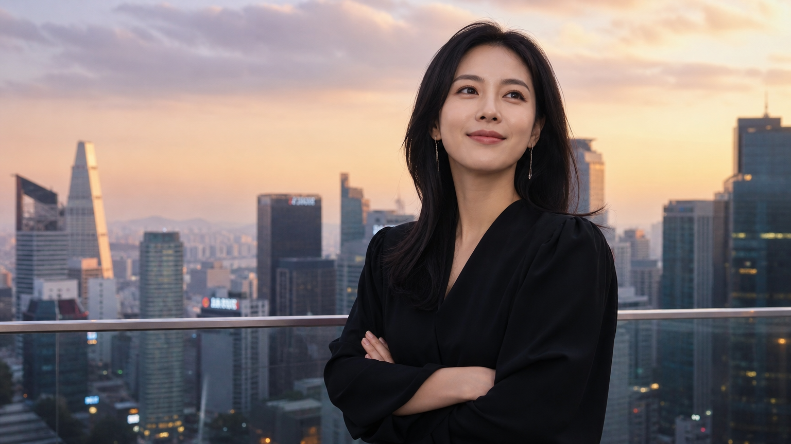 글로벌 무대를 배경으로 미래 프로젝트를 낙관적으로 그려보는 자신감 넘치는 한국 여배우