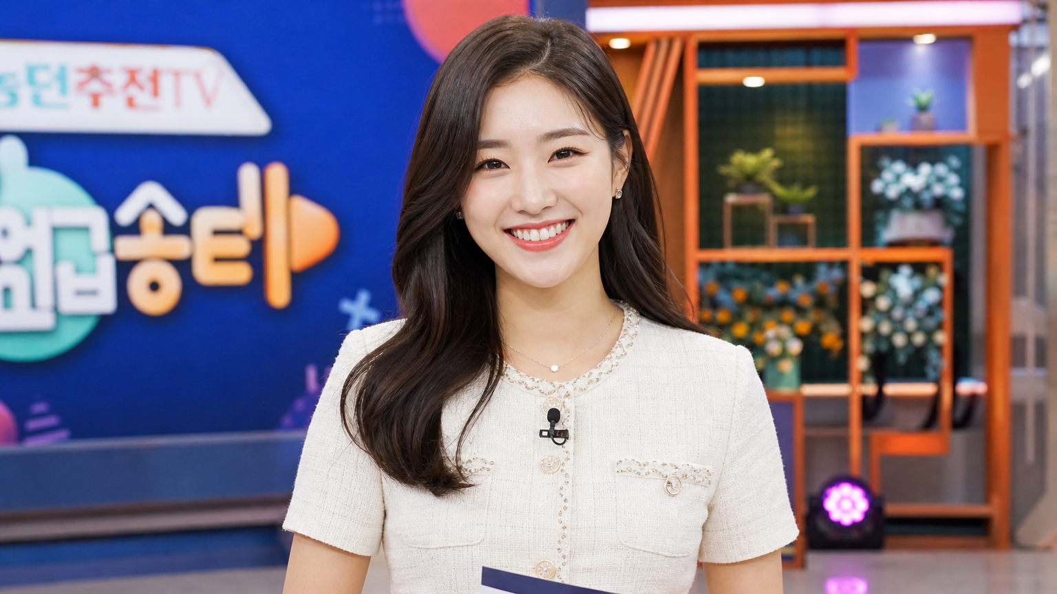 밝은 미소로 TV 세트장에서 서 있는 한국 여성
