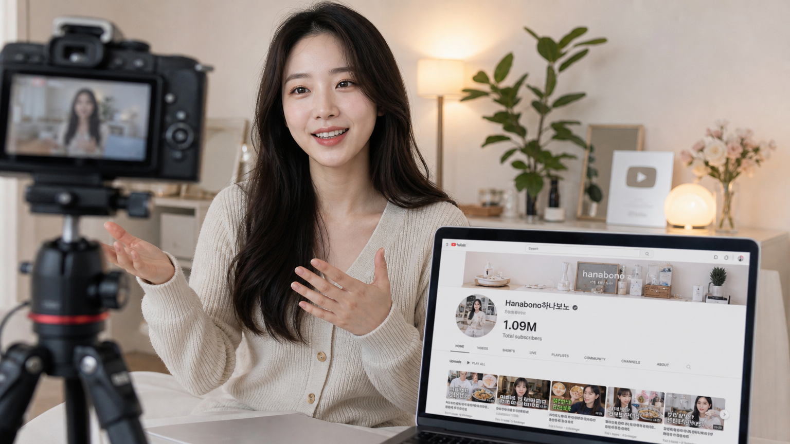 집에서 카메라와 노트북으로 브이로그를 촬영하는 한국 여성