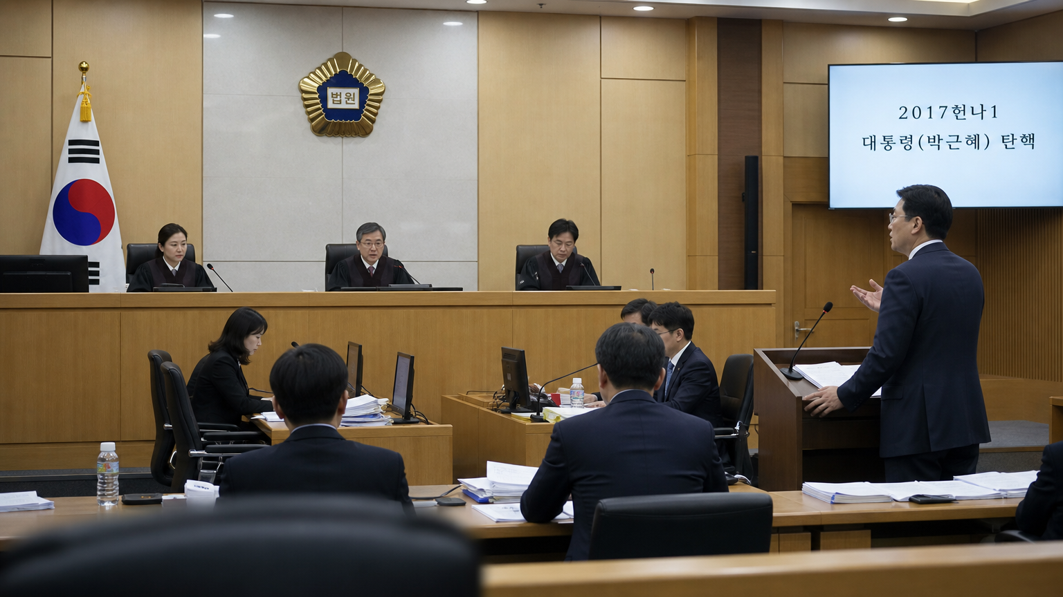서울 법정에서 진행 중인 고위 정치 사건의 모습