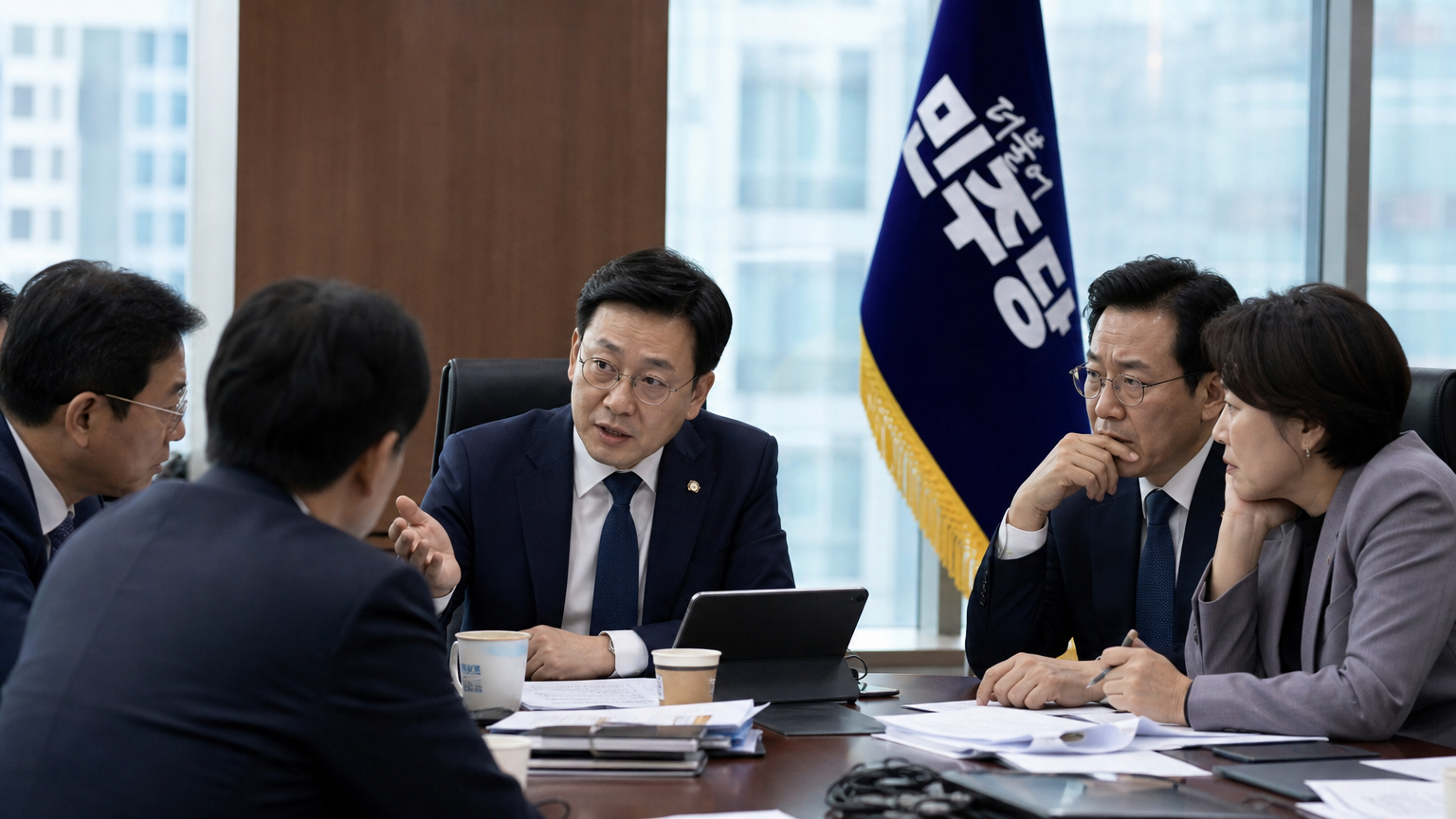 정치적 변화를 논의하는 현대적인 사무실 환경의 한국 정치인들