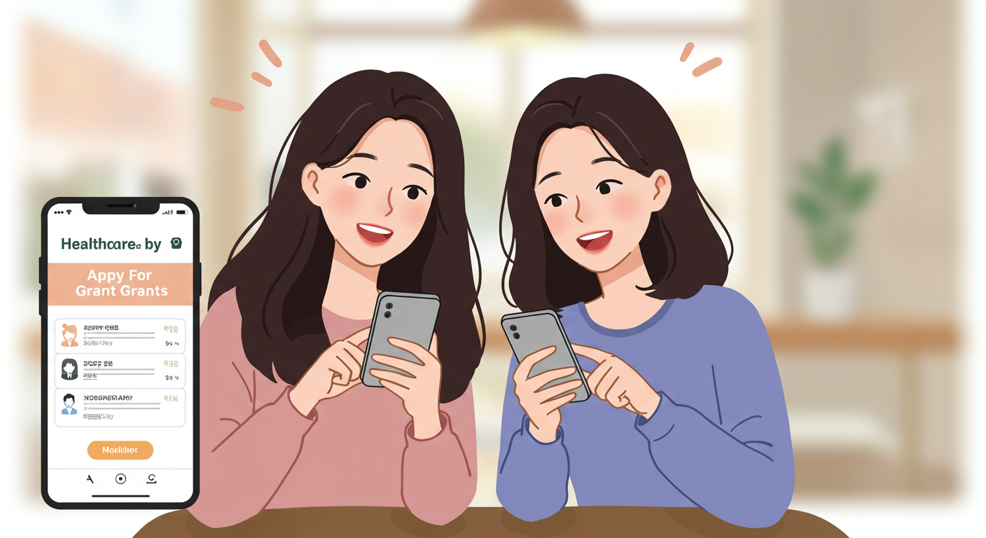 스마트폰을 통해 건강 지원금을 신청하는 현대적 기술 인터페이스의 한국 여성들