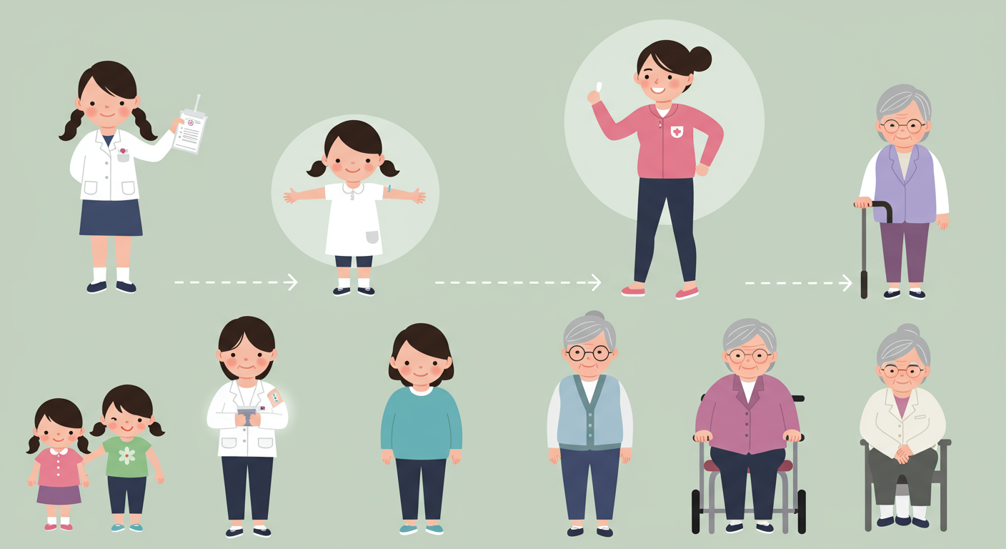 다양한 연령대의 여성이 함께 있는 포괄적인 건강 지원 시스템 이미지