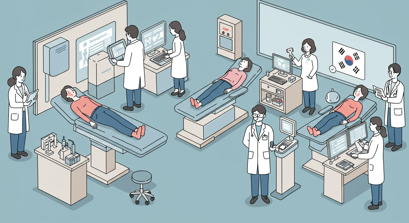 골다공증 및 자궁경부암 검진 등 전문 검사를 진행하는 한국 의료진 모습