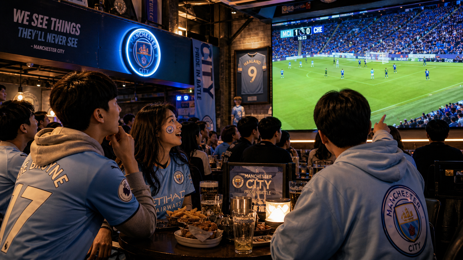 스포츠 바에서 대형 스크린으로 맨시티 경기를 관람하는 축구 팬들의 모습
