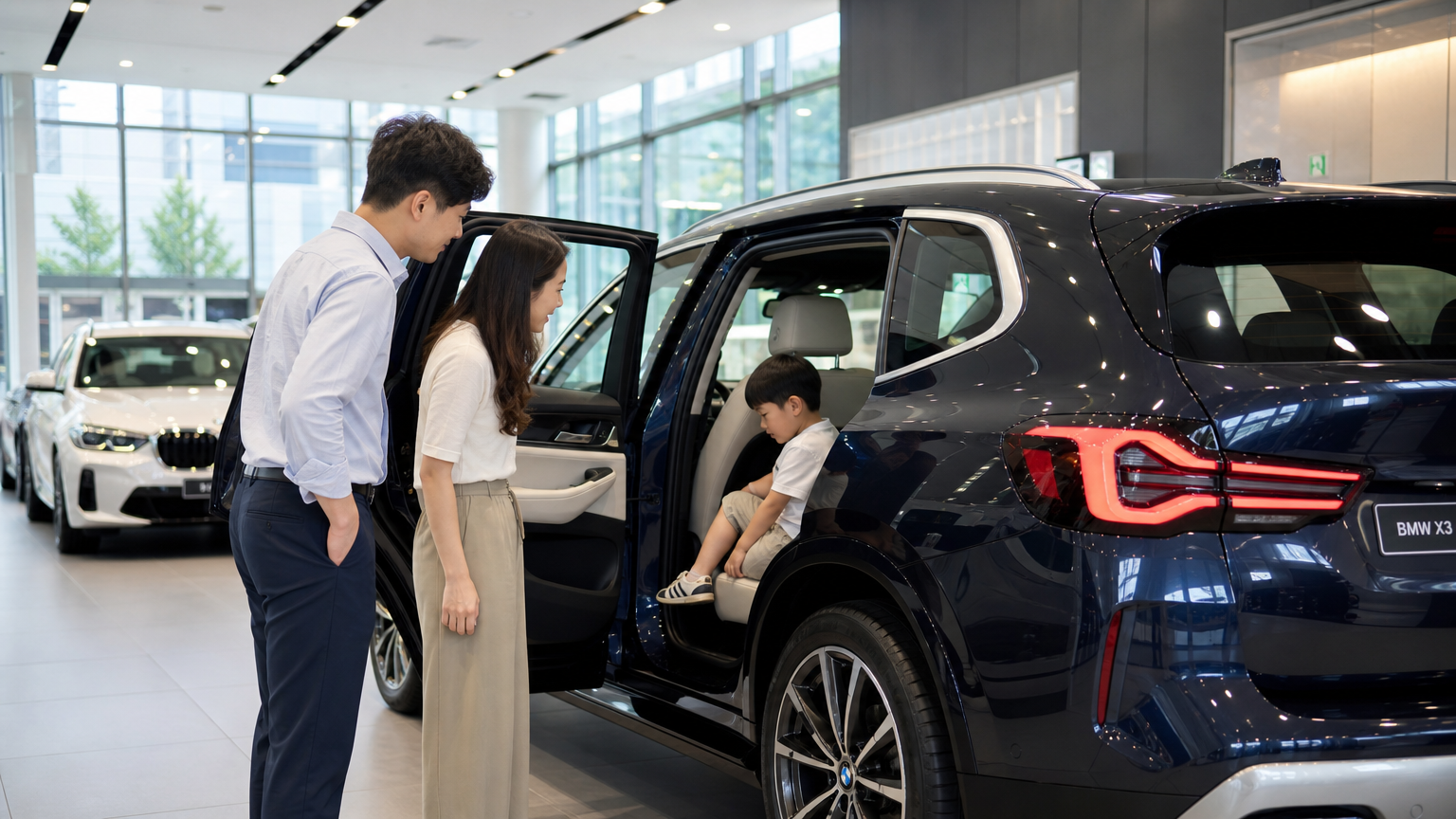 현대적인 자동차 전시장에서 BMW X3의 뒷좌석을 살펴보는 부모와 자녀의 모습