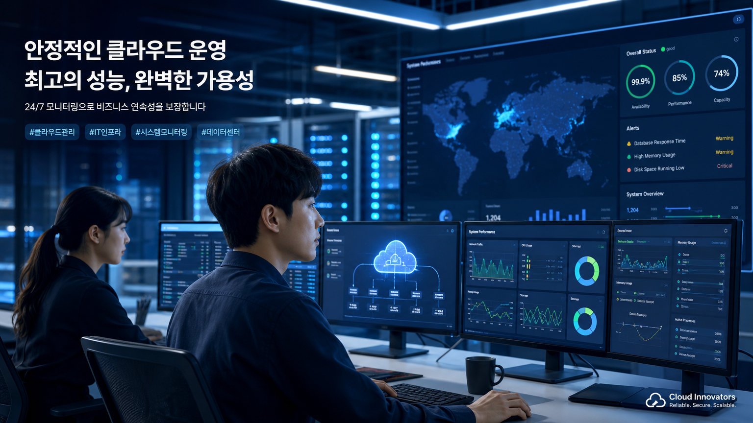 서버 열과 클라우드 성능을 모니터링하는 IT 전문가들이 있는 데이터 센터