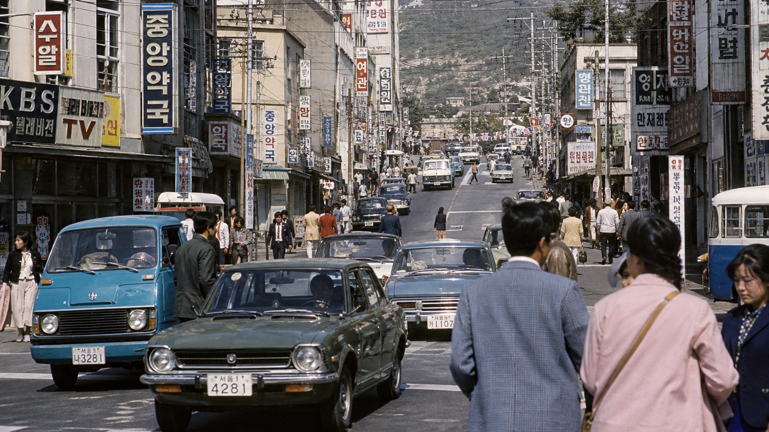 복고풍의 패션과 빈티지 자동차가 있는 1970년대 서울 거리