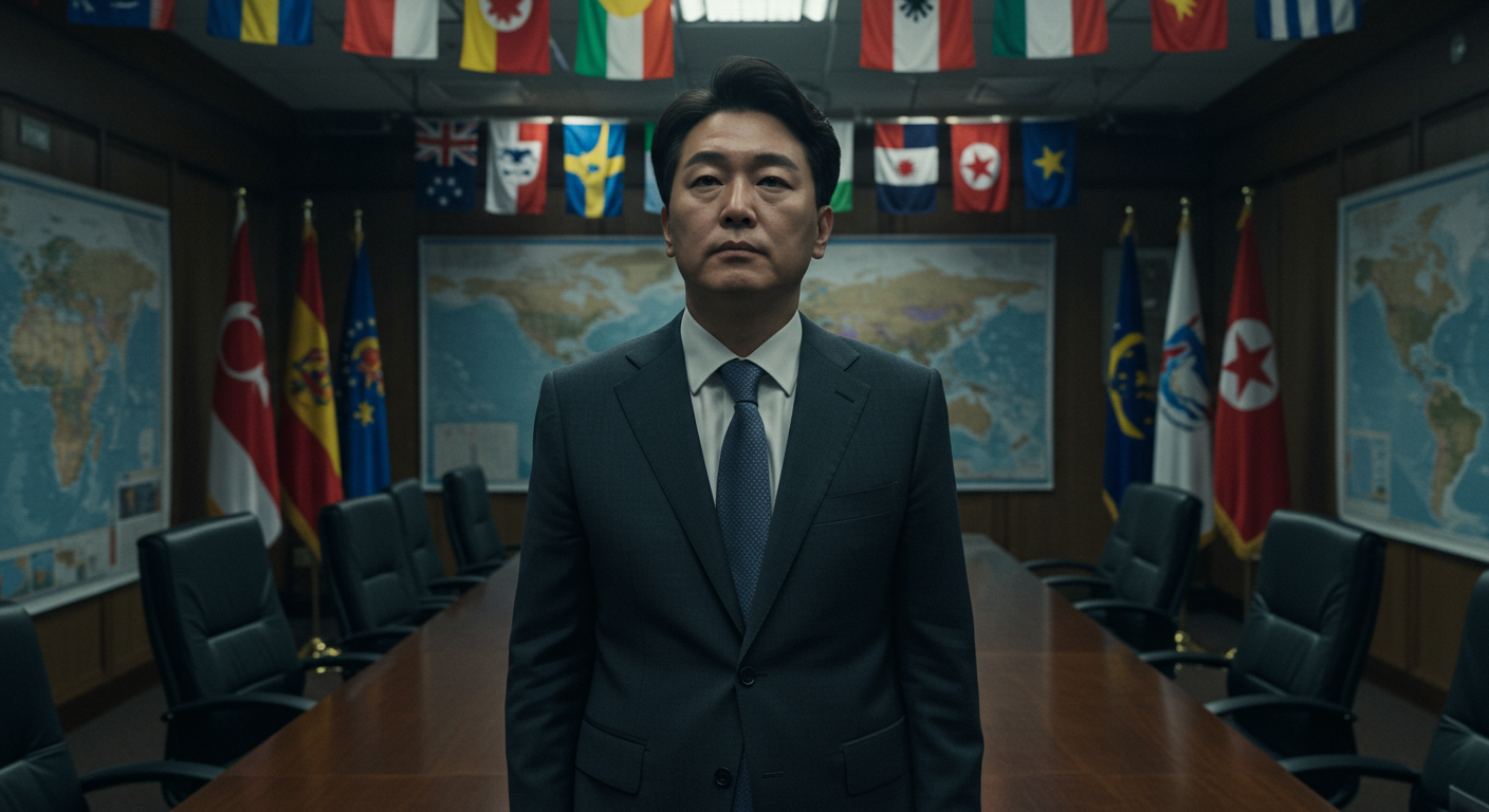 회의실에서 생각에 잠긴 현대 한국 정치인의 모습, 주변에는 지도와 국제 국기가 있는 장면