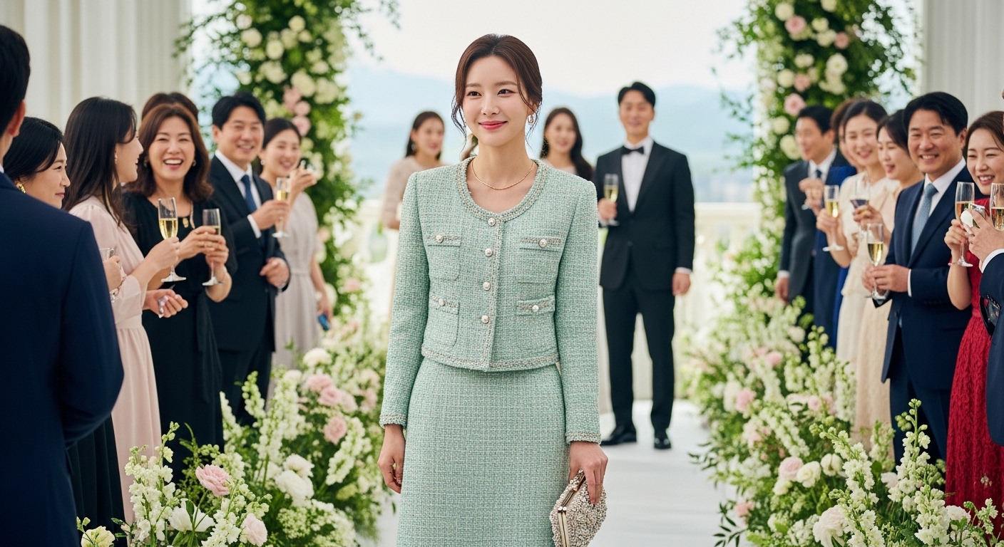 민트색 트위드 셋업을 입고 결혼식에 참석한 현대적인 한국 여배우의 모습