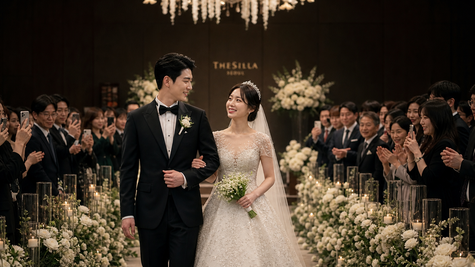 서울 신라호텔에서 현대적인 커플의 우아한 결혼식 장면