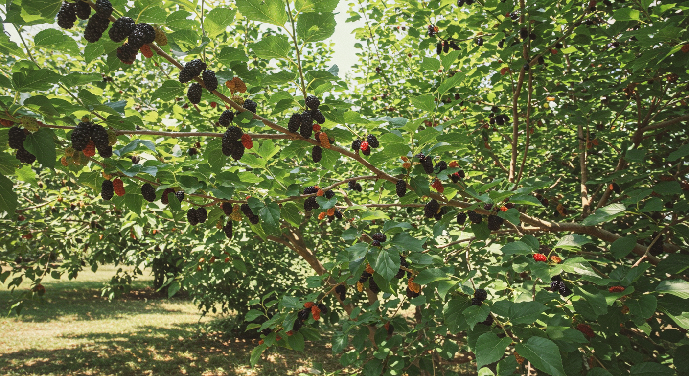 햇빛 아래 익어가는 뽕나무와 까만 오디의 풍경