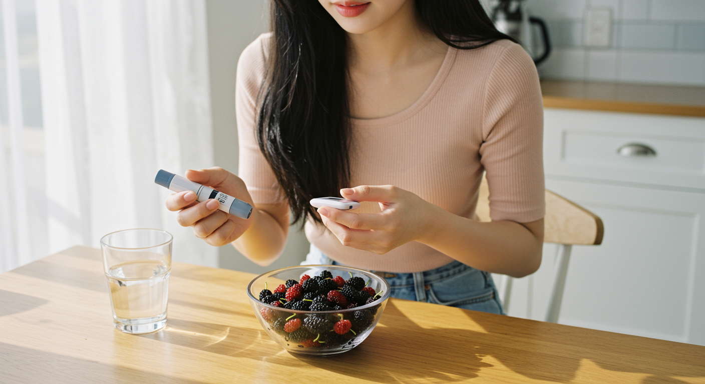 혈당 측정 후 신중히 오디를 섭취하는 모습
