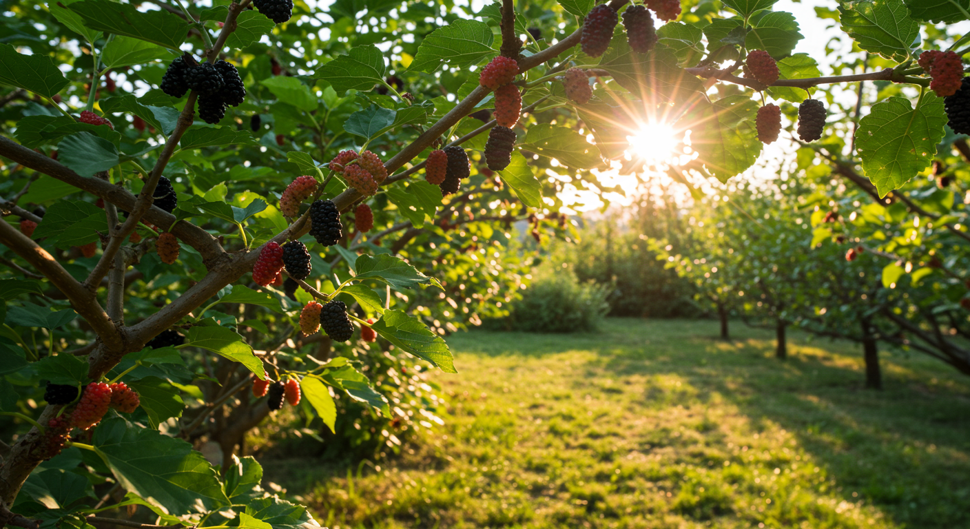 여름철 수확기에 맞춰 자라는 뽕나무밭 풍경