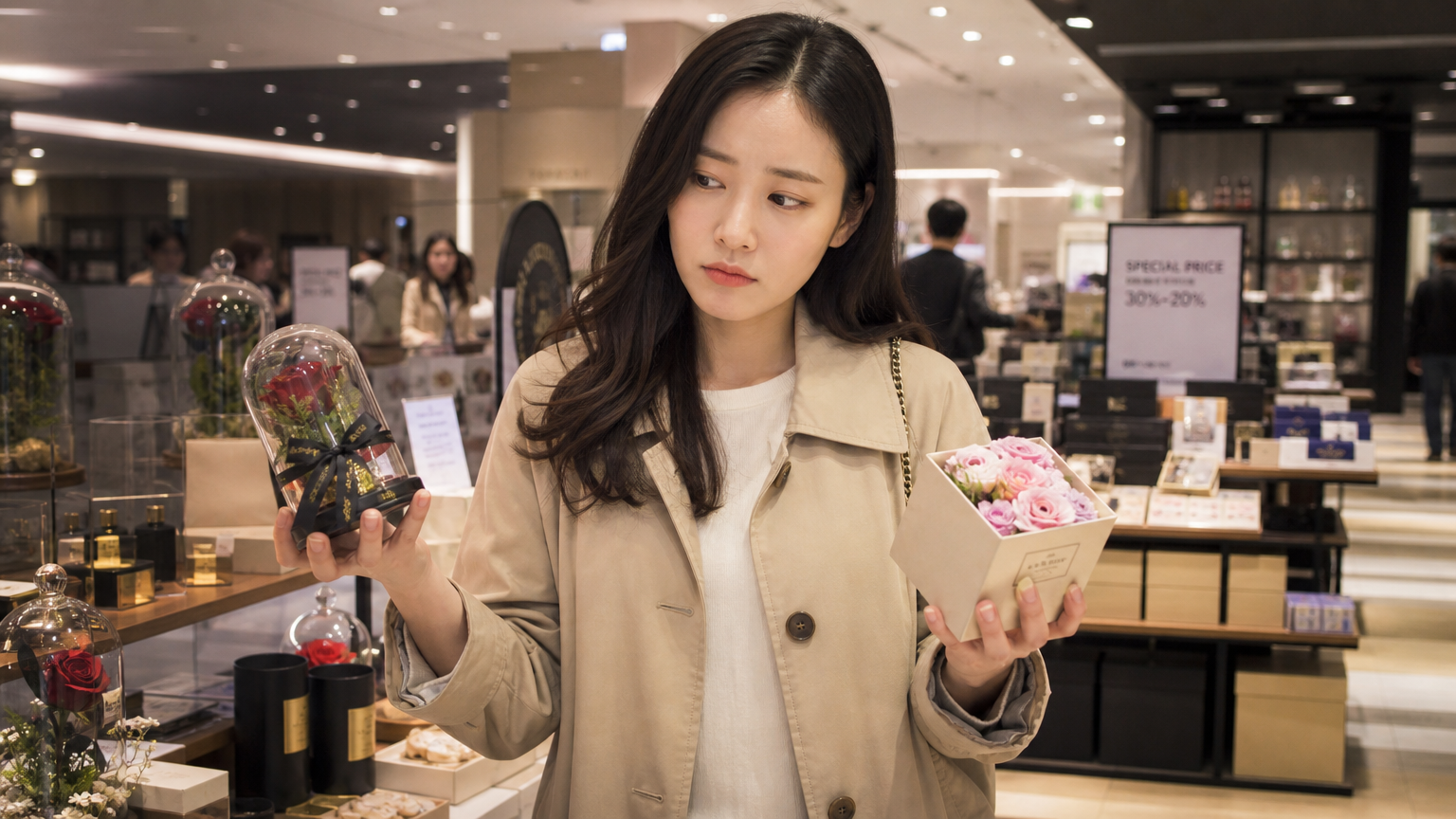 백화점에서 다양한 선물을 보며 고민하는 여성의 모습